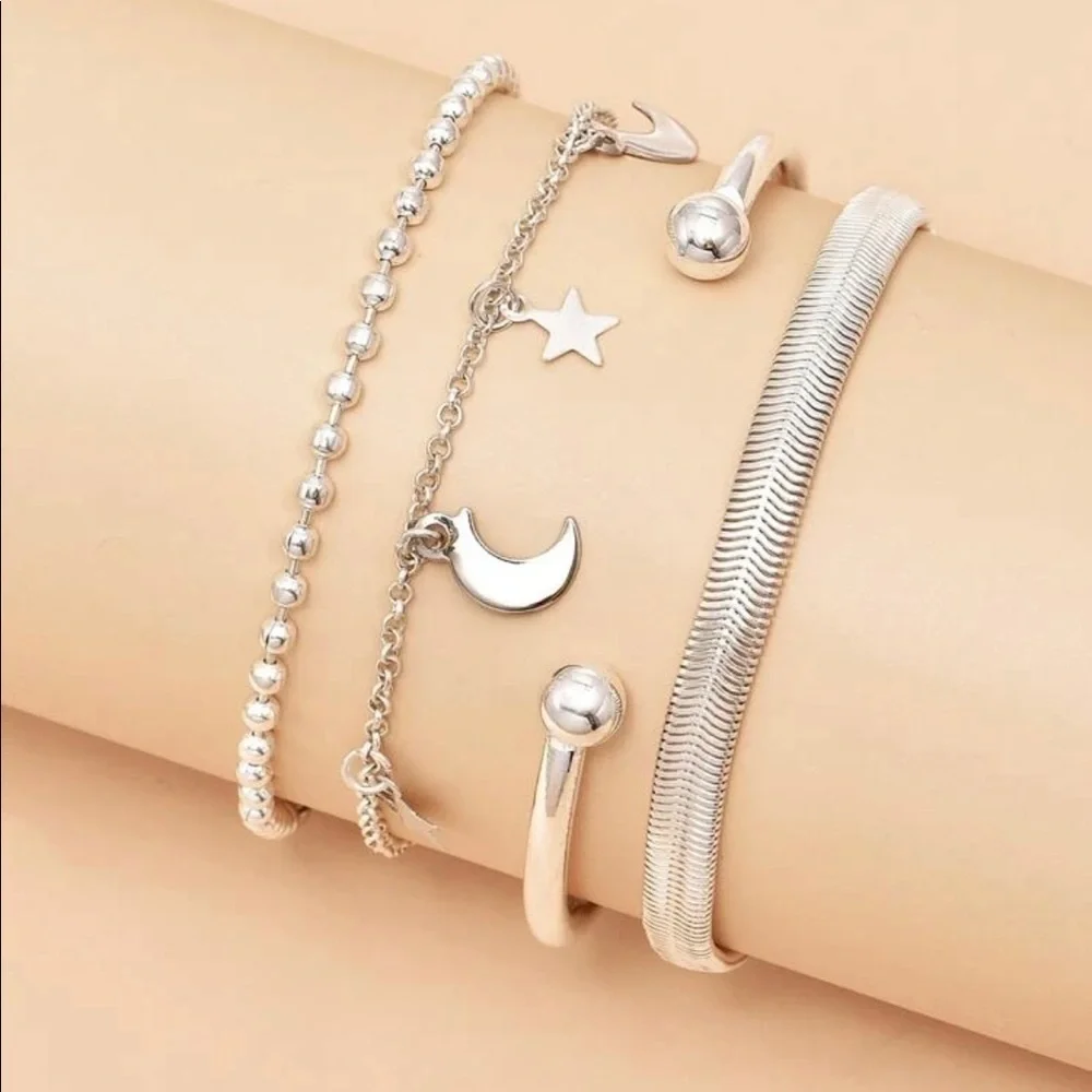 Silver Moon And Star Four Piece Bracelet Set - Picture 2 of 12